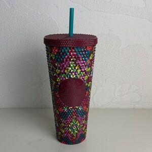 Starbucks Burgundy Lid Multicolor Studded Tumbler with Teal Straw